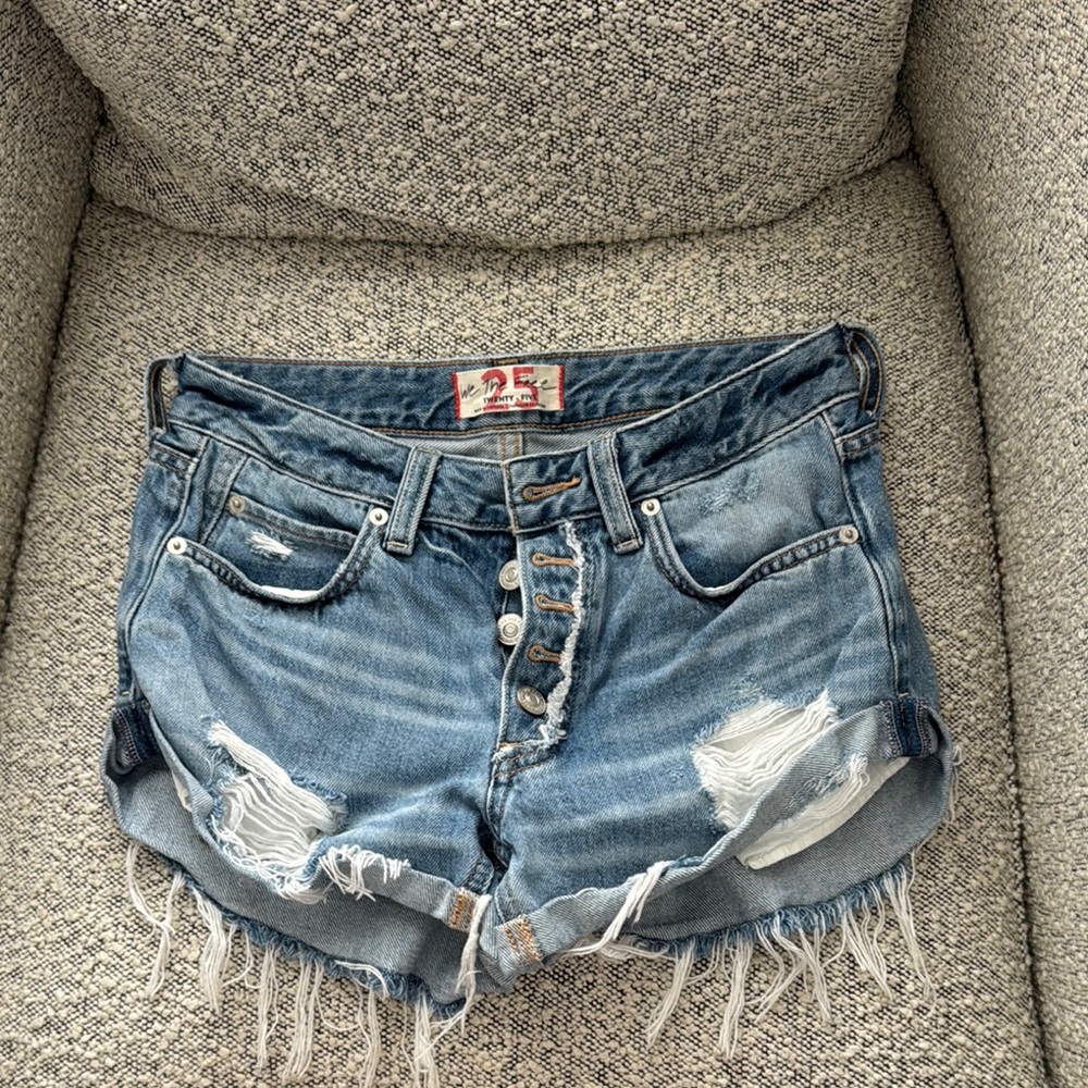 We The Free Blue Distressed Jean Shorts Frayed